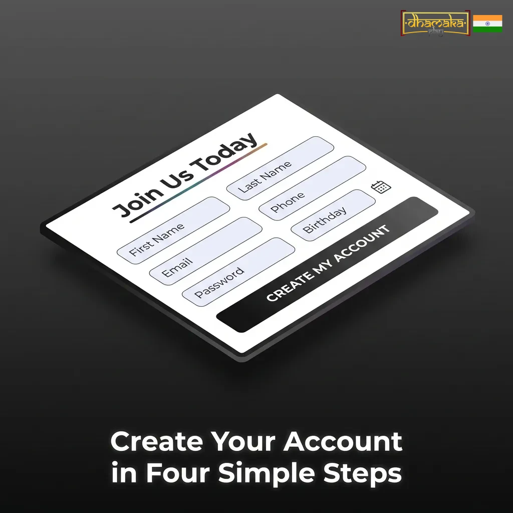Four-step account registration process: click sign-up, enter contact details, set password, confirm and log in to start betting.