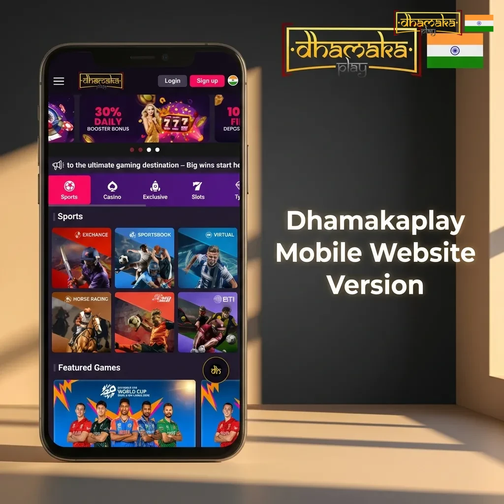 Mobile casino website interface showing Dhamakaplay games accessible on smartphones and tablets without download