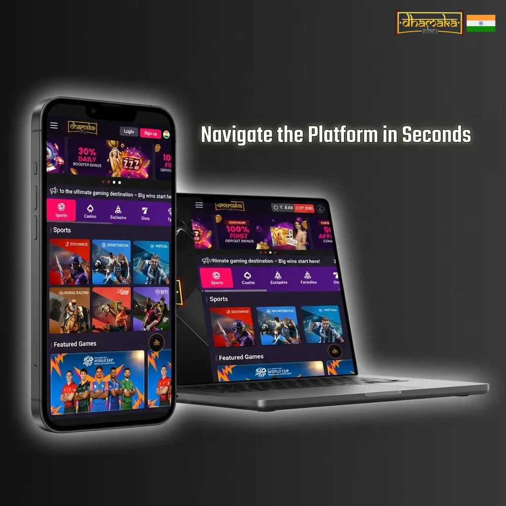 Quick access navigation bar showing sports betting, live casino, slots, promotions with one-click tabs and live match display