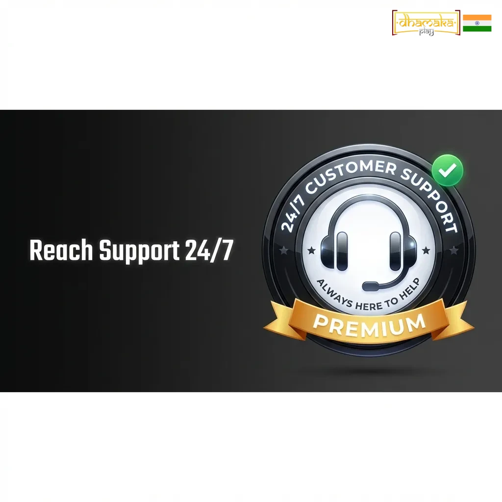 24/7 customer support illustration showing live chat, email, WhatsApp, and Telegram contact options for DhamakaPlay