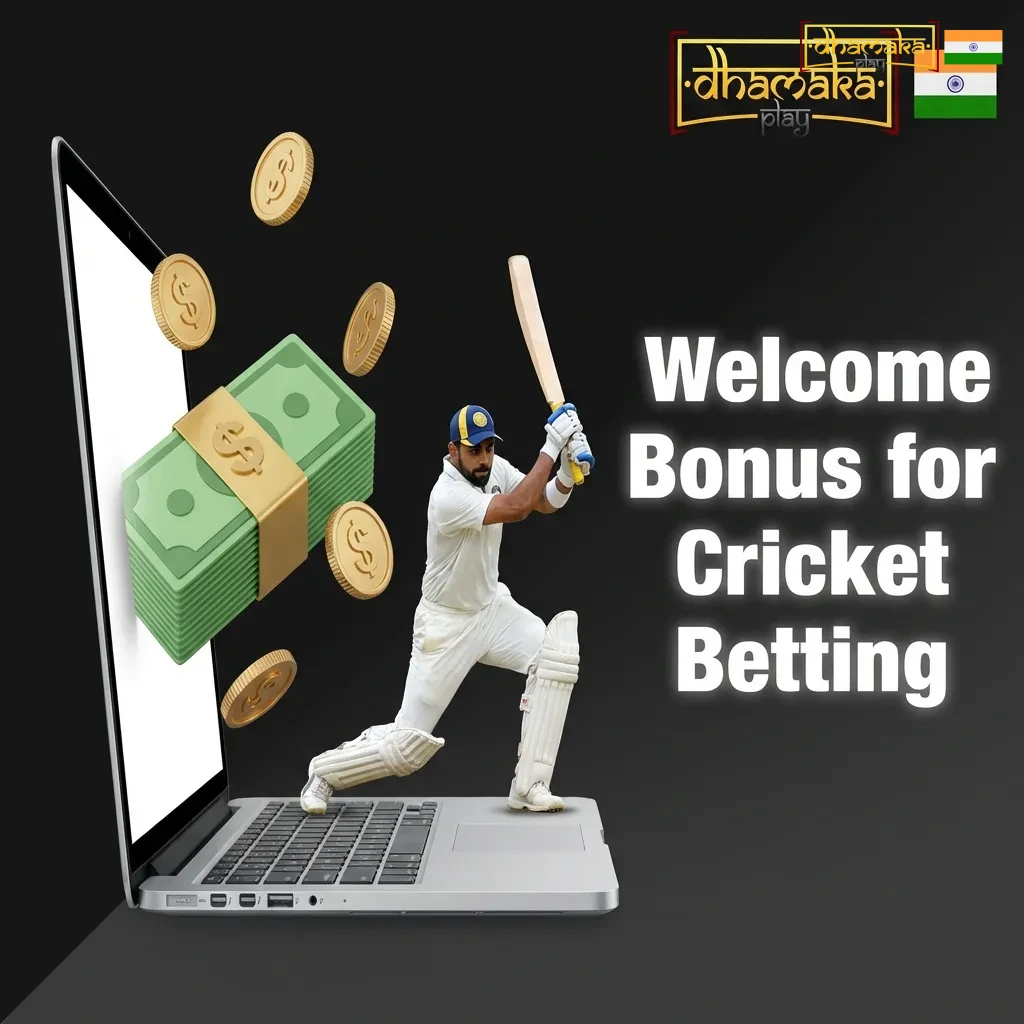 Dhamakaplay three-tier cricket betting welcome bonus offering 50%, 75%, and 100% match bonuses up to ₹5,000 each deposit.