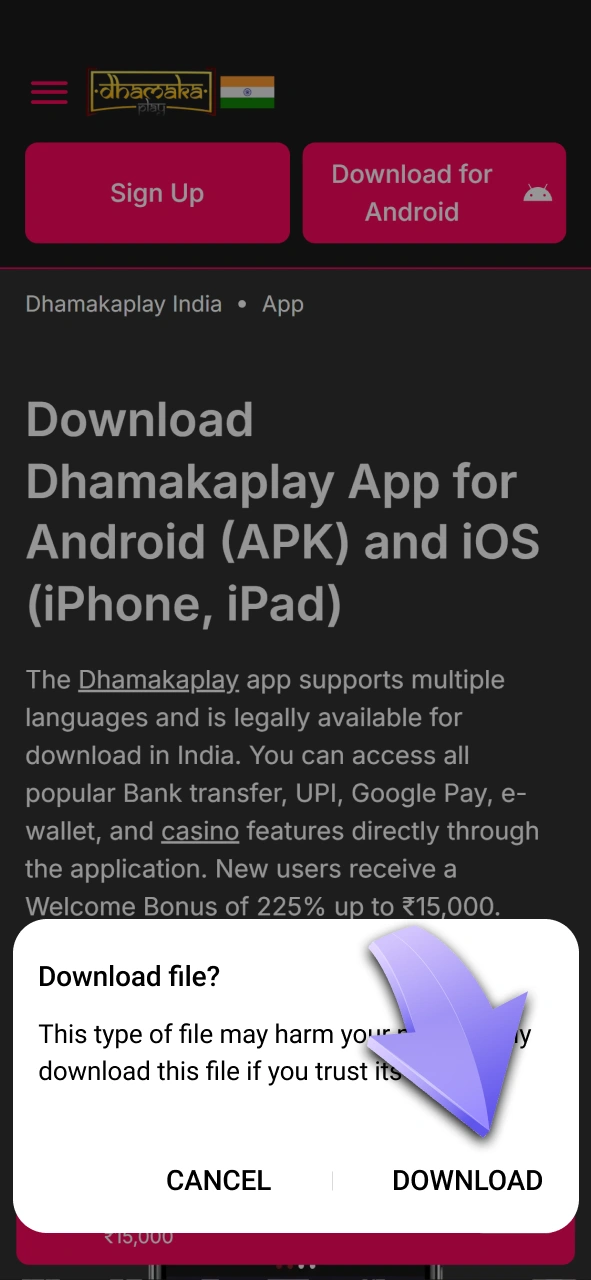 Agree to the terms and install the Dhamakaplay Android app.
