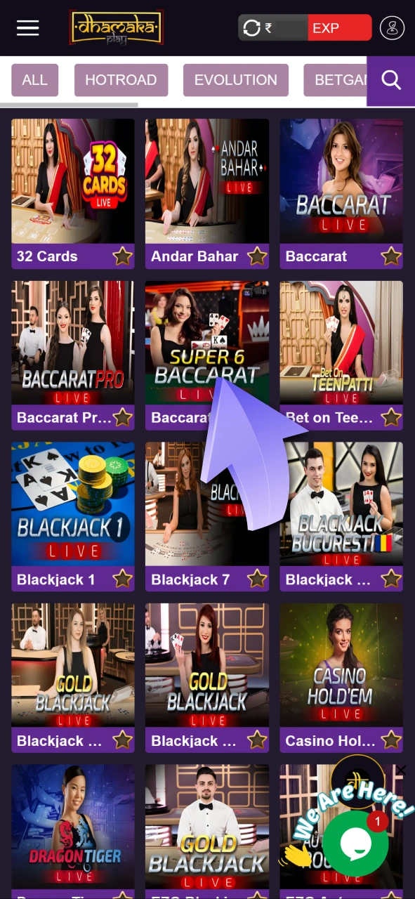 Select your preferred live table and dealer at Dhamakaplay.