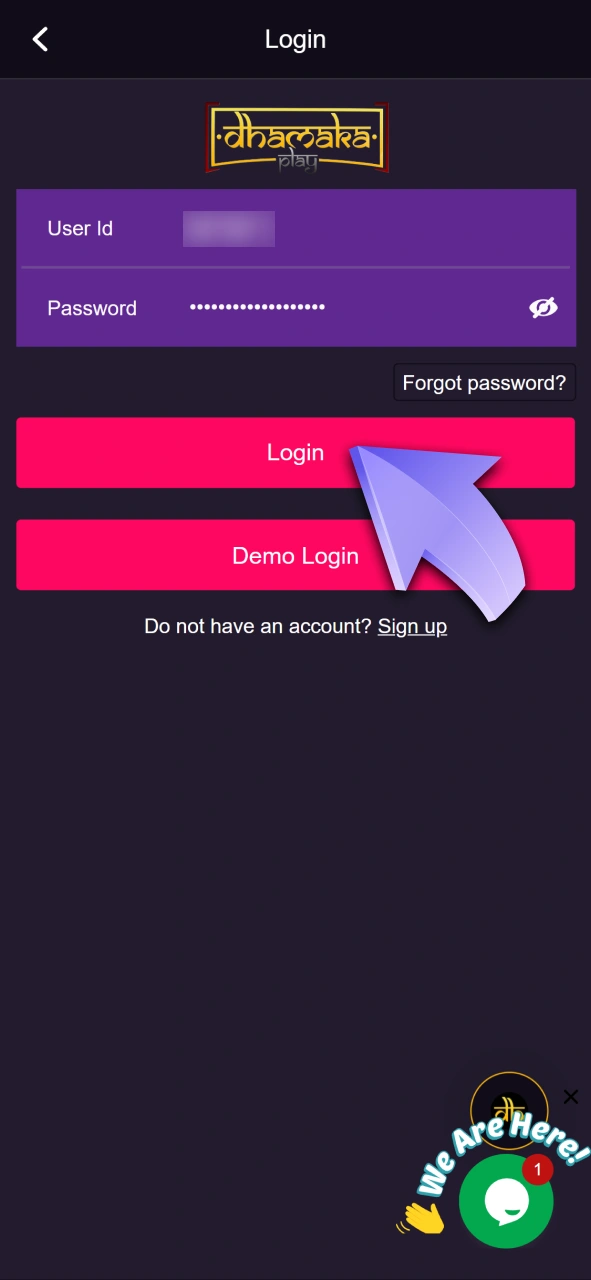 Log in to make the Dhamakaplay deposit.