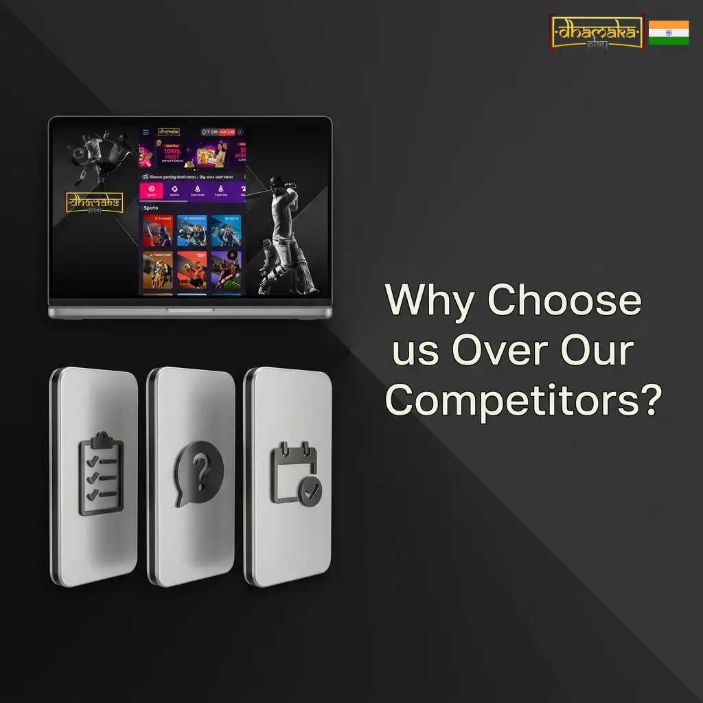 Dhamakaplay advantages over competitors showing fast UPI deposits, 24hr withdrawals, ₹15000 welcome bonus and 24/7 Indian support