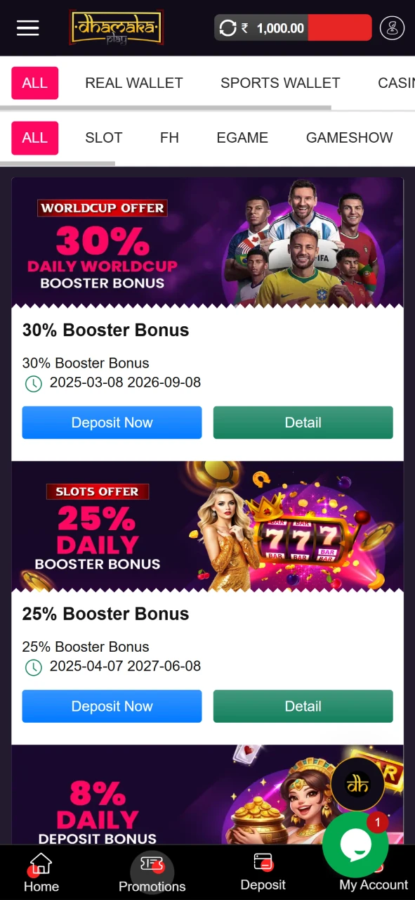 Check out all the bonuses on the Dhamakaplay website.